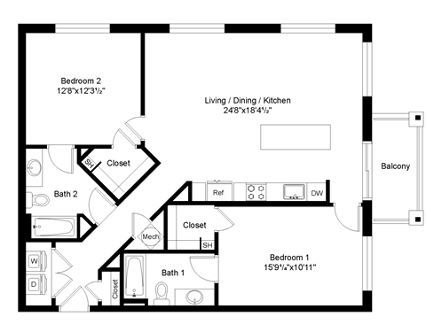 Floor plan for 2 beds, 2 baths, 1247 sqft